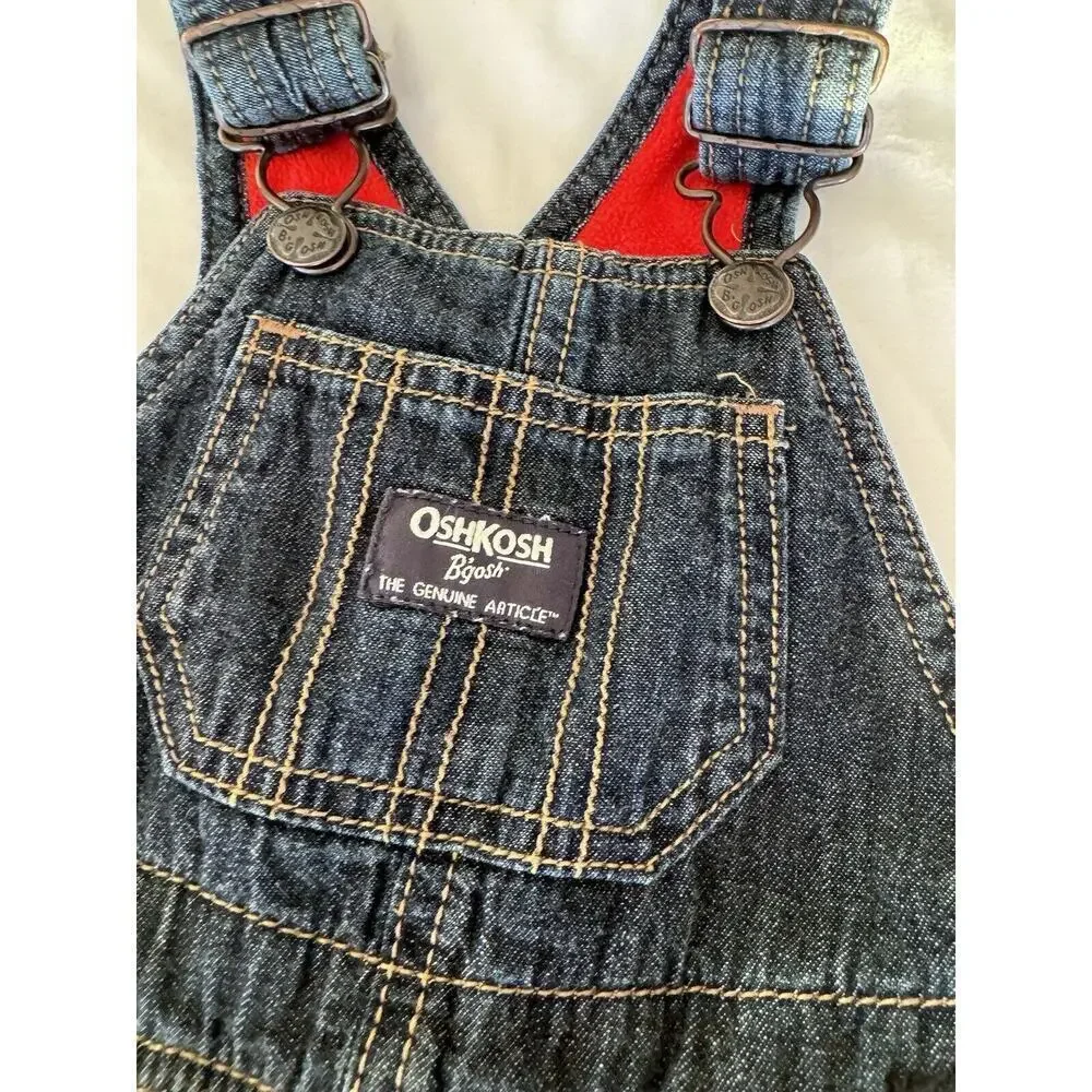 OshKosh B'gosh Fleece Lined Denim Bib Long Overalls Size 6 M Classic Blue Red